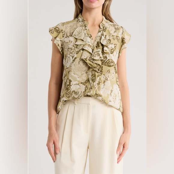 T Tahari Floral Ruffle Blouse - Olive and White Women’s Size Medium - Picture 2 of 16